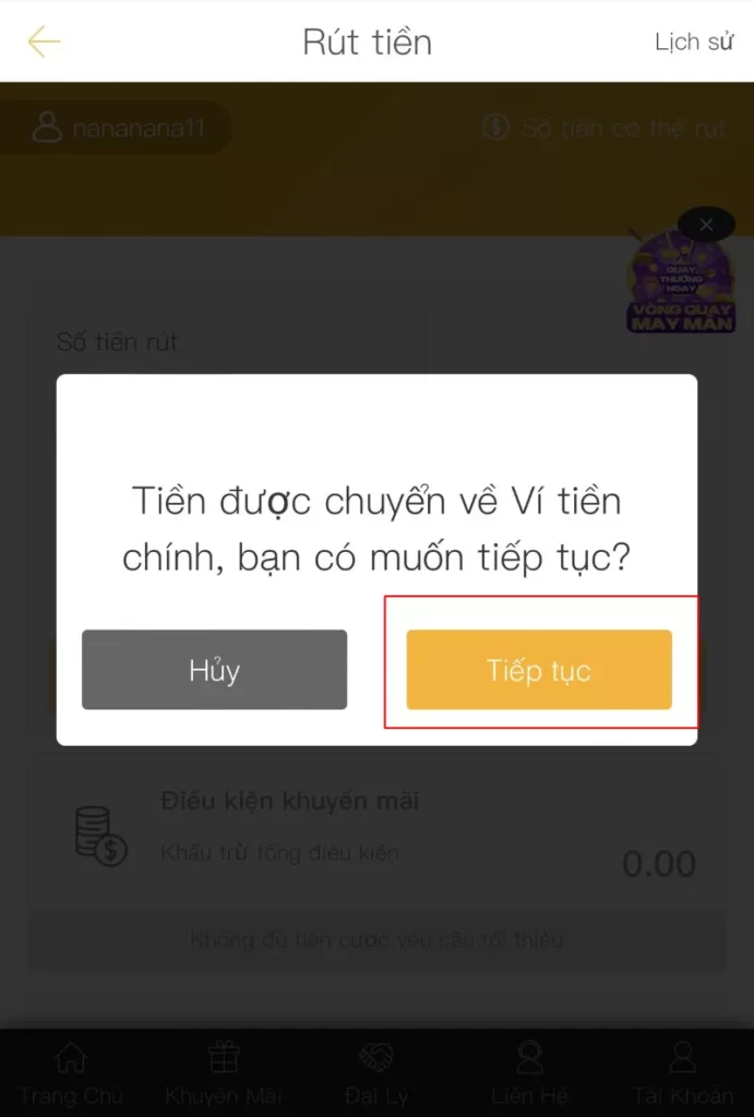 chuyển tiền về ví chính 009