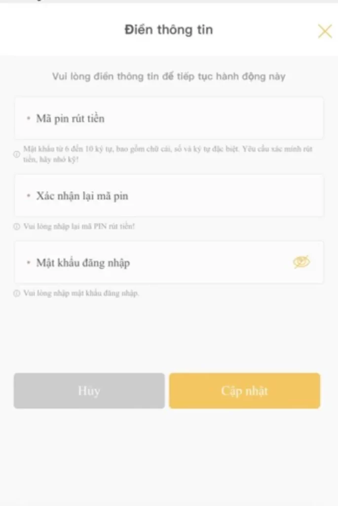 cập nhật mã pin rút tiền 009