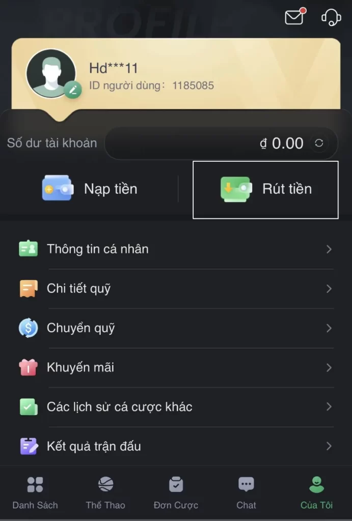 bấm chọn rút tiền Bet88