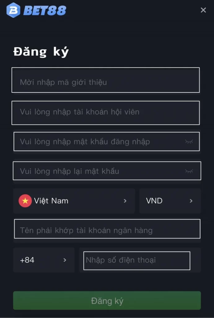 nhập thông tin đăng ký Bet88