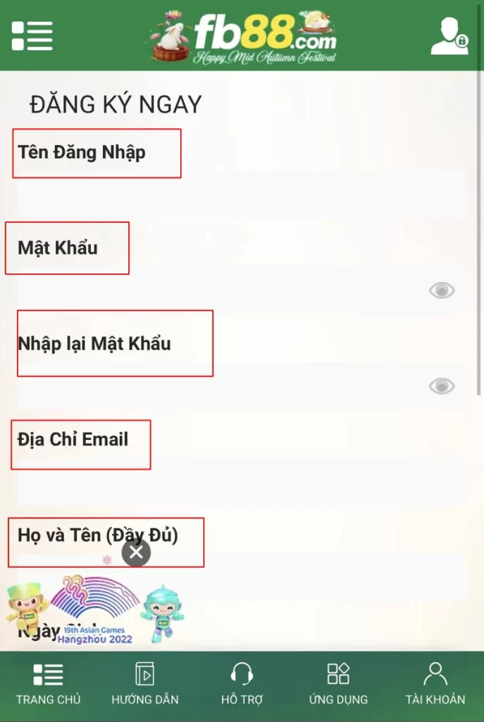 điền thông tin đăng ký FB88