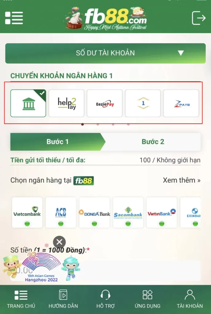 chuyển khoản ngân hàng FB88