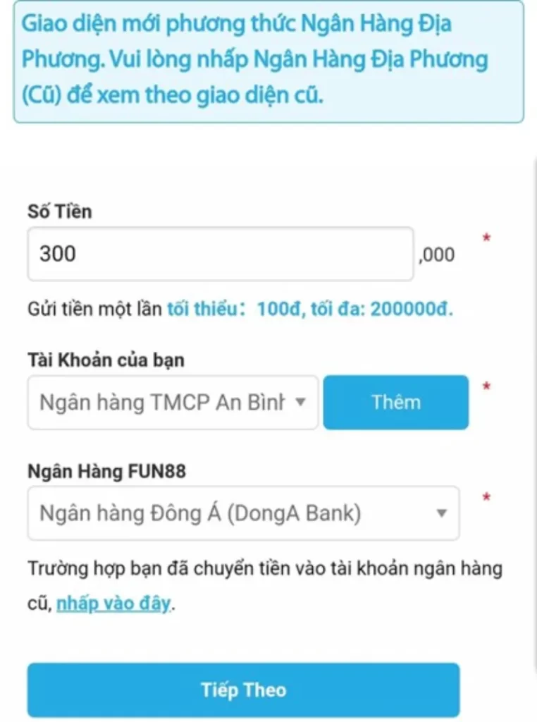 điền thông tin nạp tiền Fun88