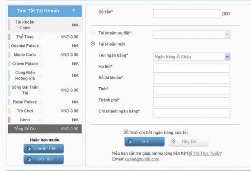 điền các thông tin rút tiền Fun88
