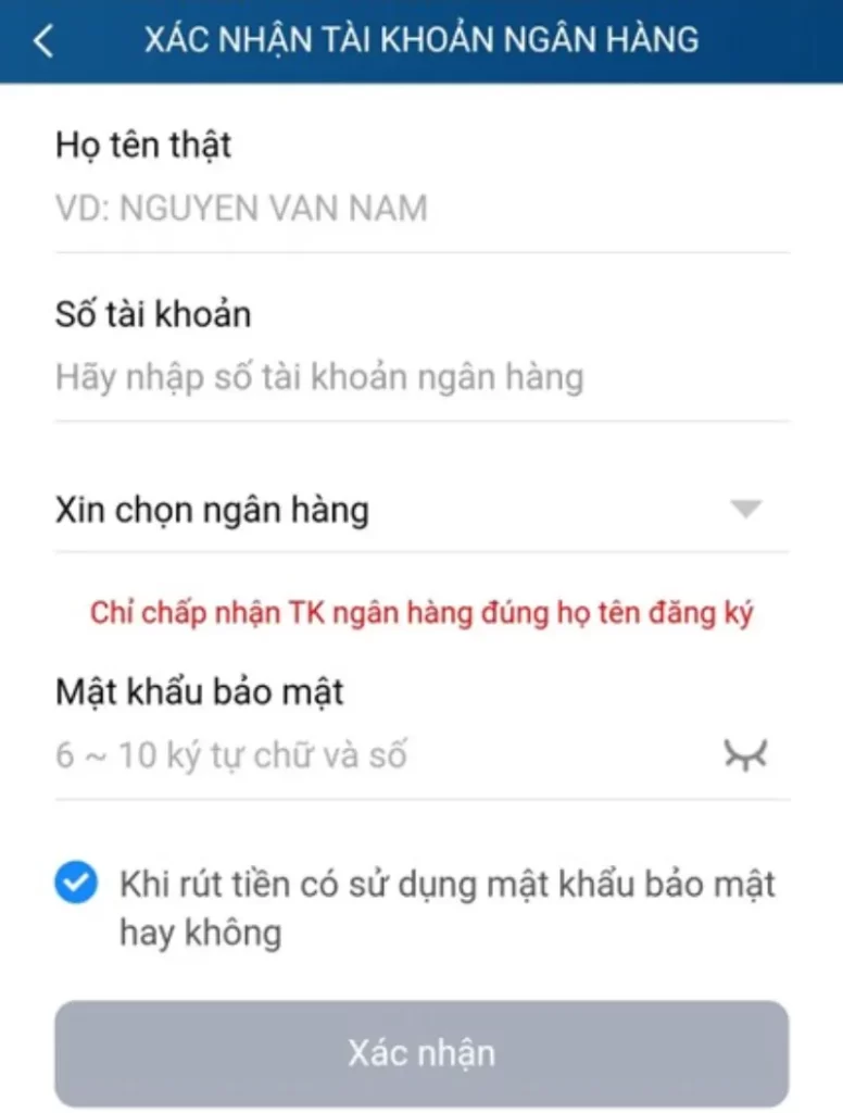 xác nhận tài khoản ngân hàng Kubet