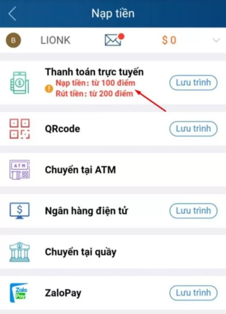 chọn hình thức nạp tiền Kubet