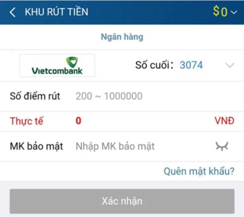 nhập số tiền rút Kubet