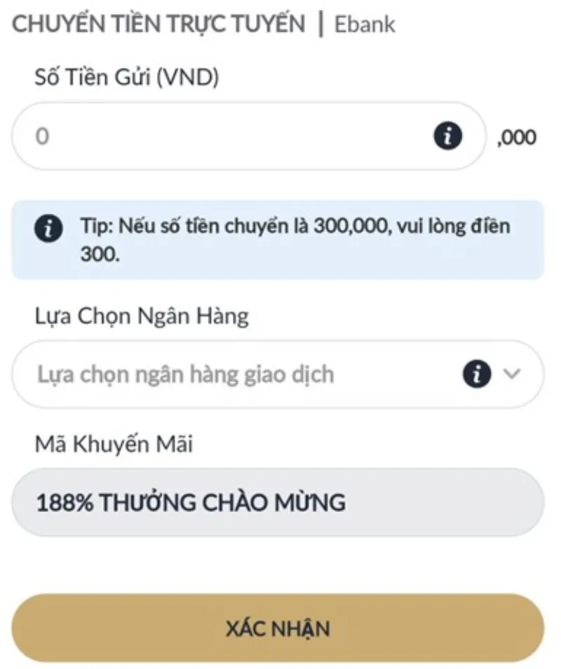 nhập số tiền gửi M88
