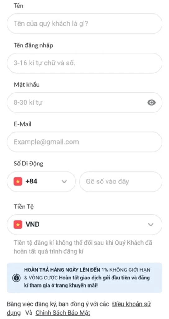 nhập thông tin đăng ký M88