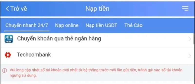 chọn phương thức nạp tiền Sodo