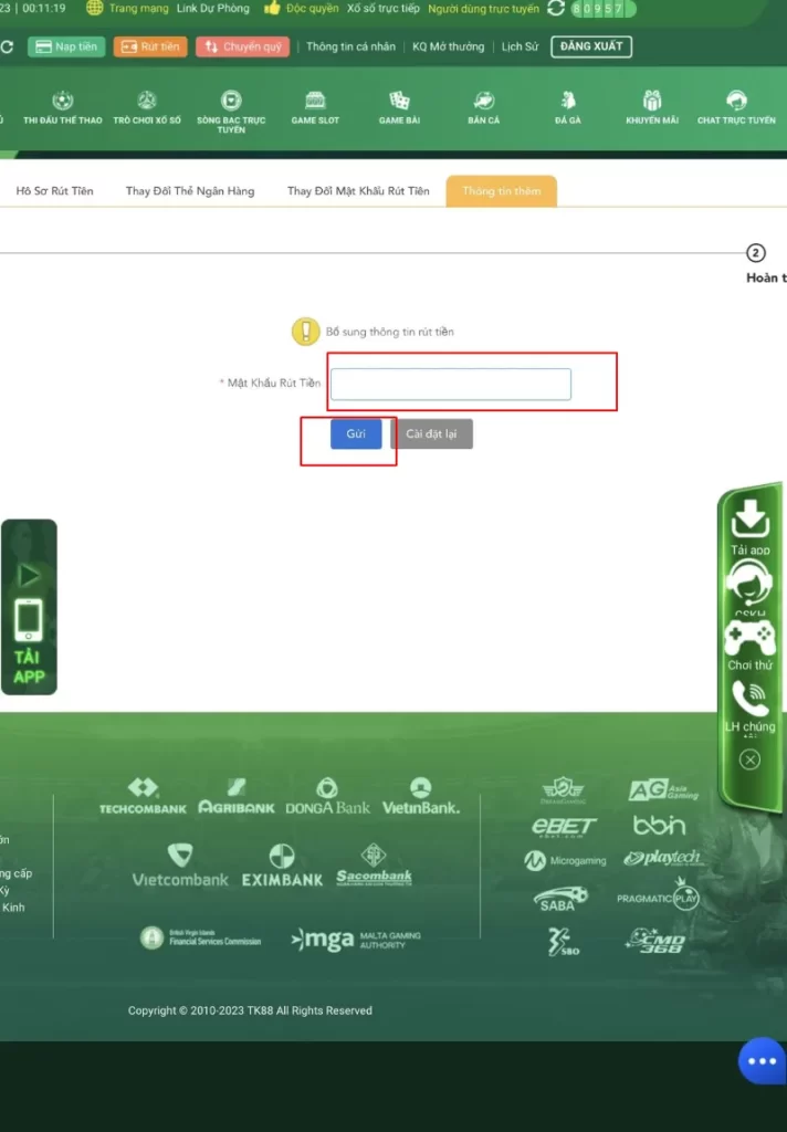lập mật khẩu rút tiền TK88
