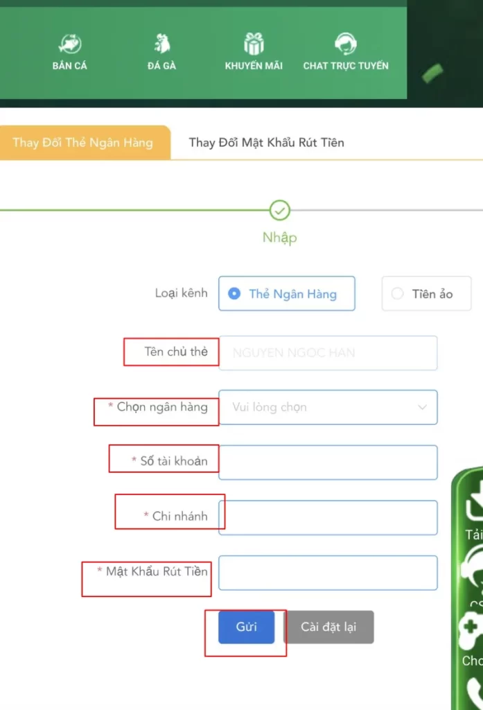 nhập các thông tin rút tiền TK88
