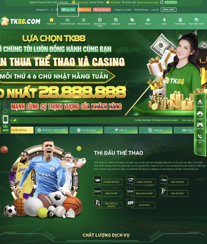 chọn nạp tiền TK88