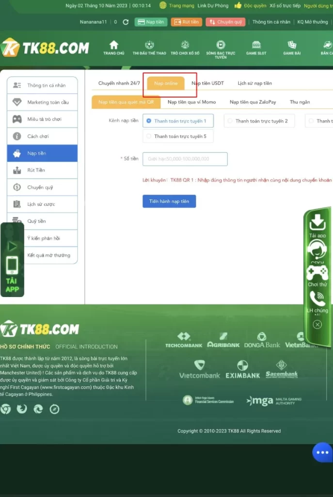 nạp online TK88