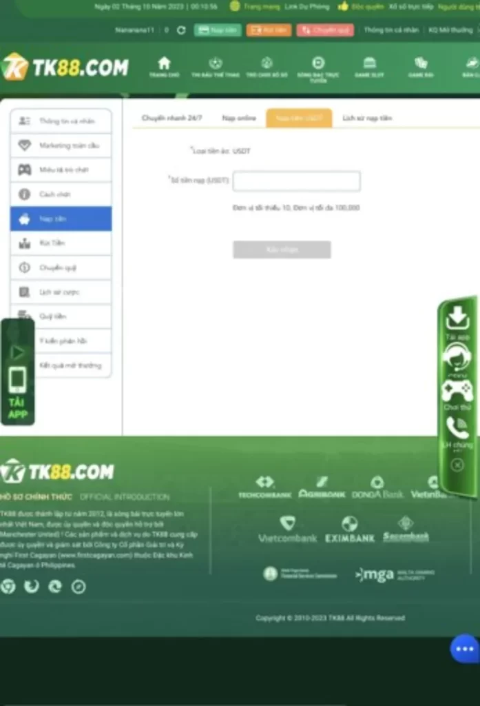 nạp tiền USDT TK88
