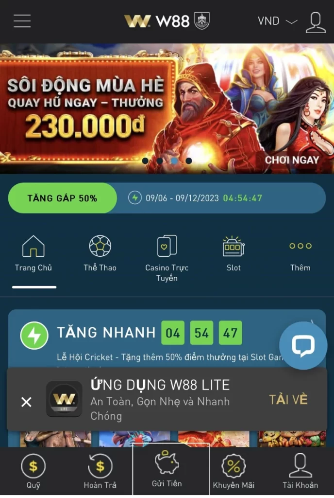 chọn gửi tiền W88