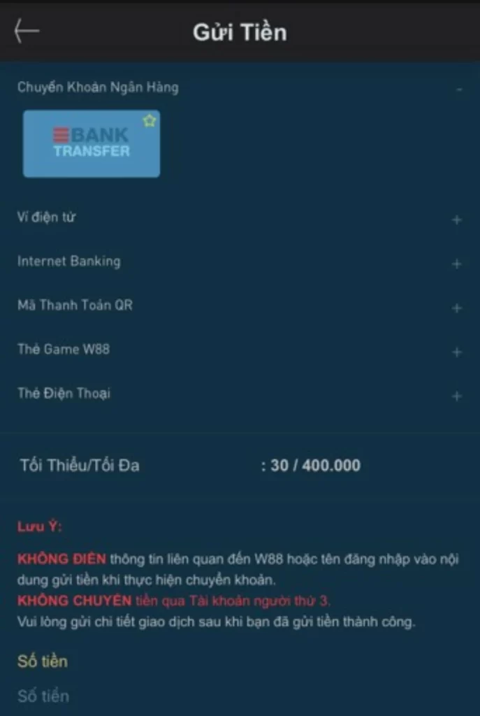 chuyển khoản ngân hàng W88