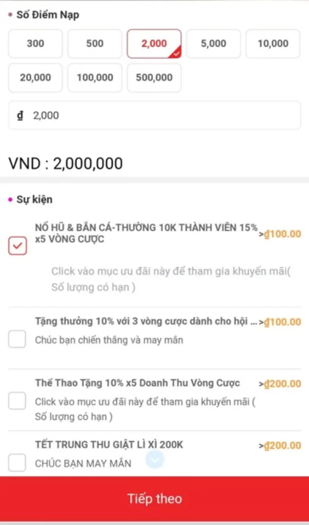 chọn số tiền nạp C54