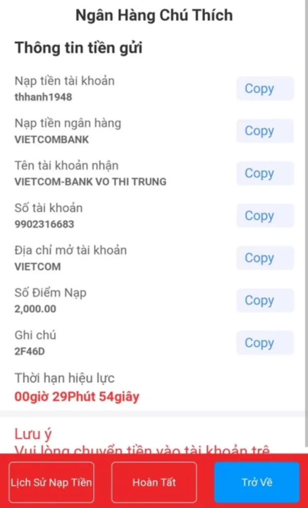 hoàn tất nạp tiền C54